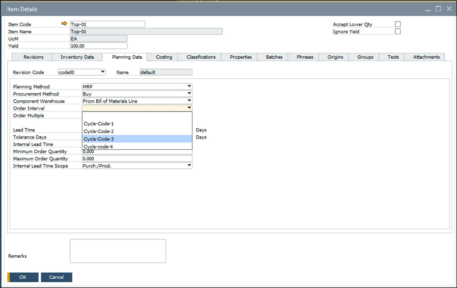 CompuTec ProcessForce Item Details Planning Data tab with an Order Interval chosen for a Revision