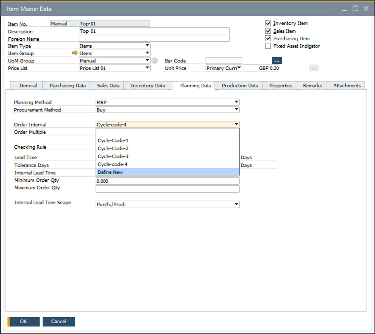 SAP Business One Item Master Data Planning Data tab with the Order Interval drop-down and the Define New option
