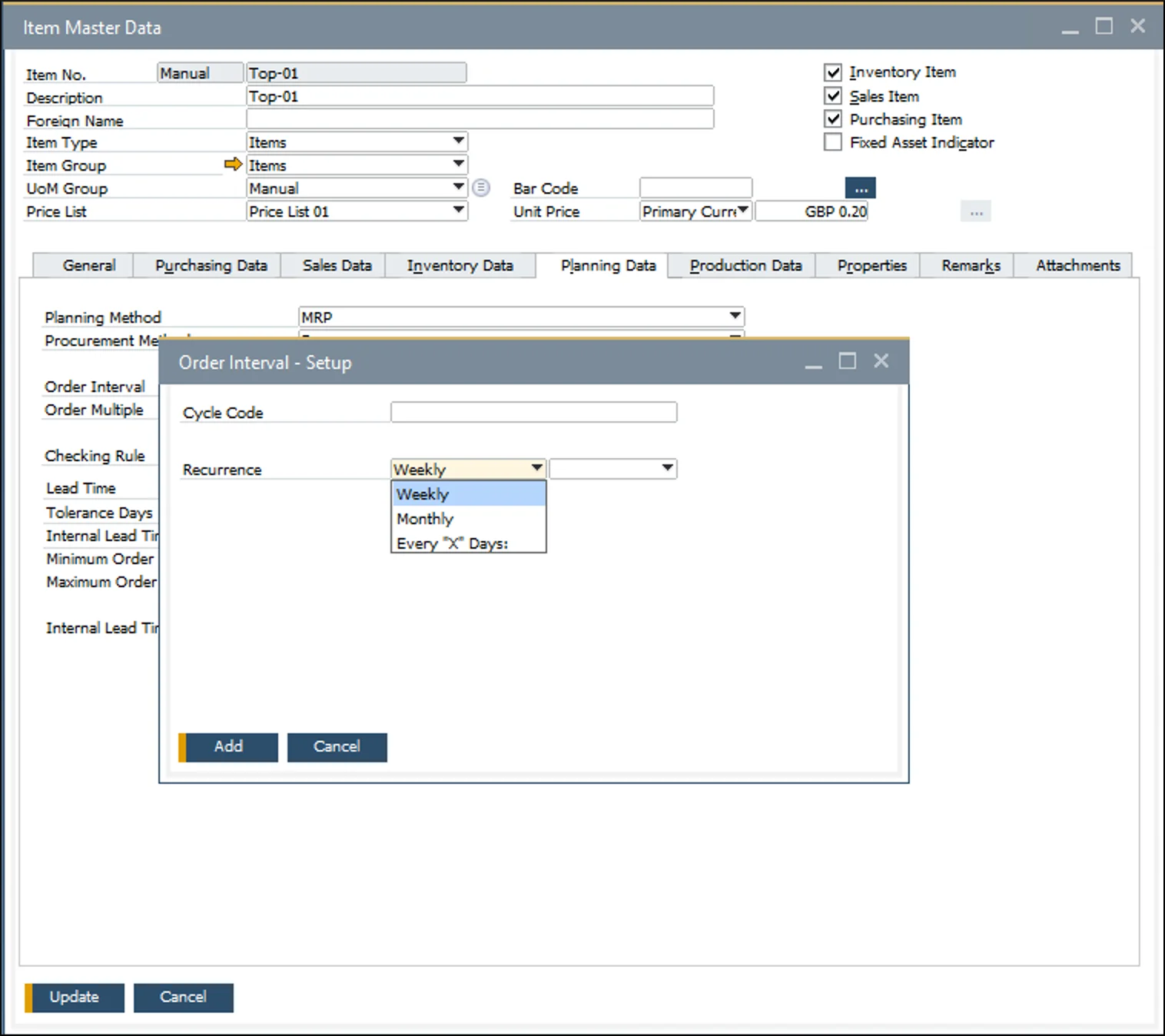 Order Interval Setup window with the Weekly, Monthly, and Every X Days recurrence options