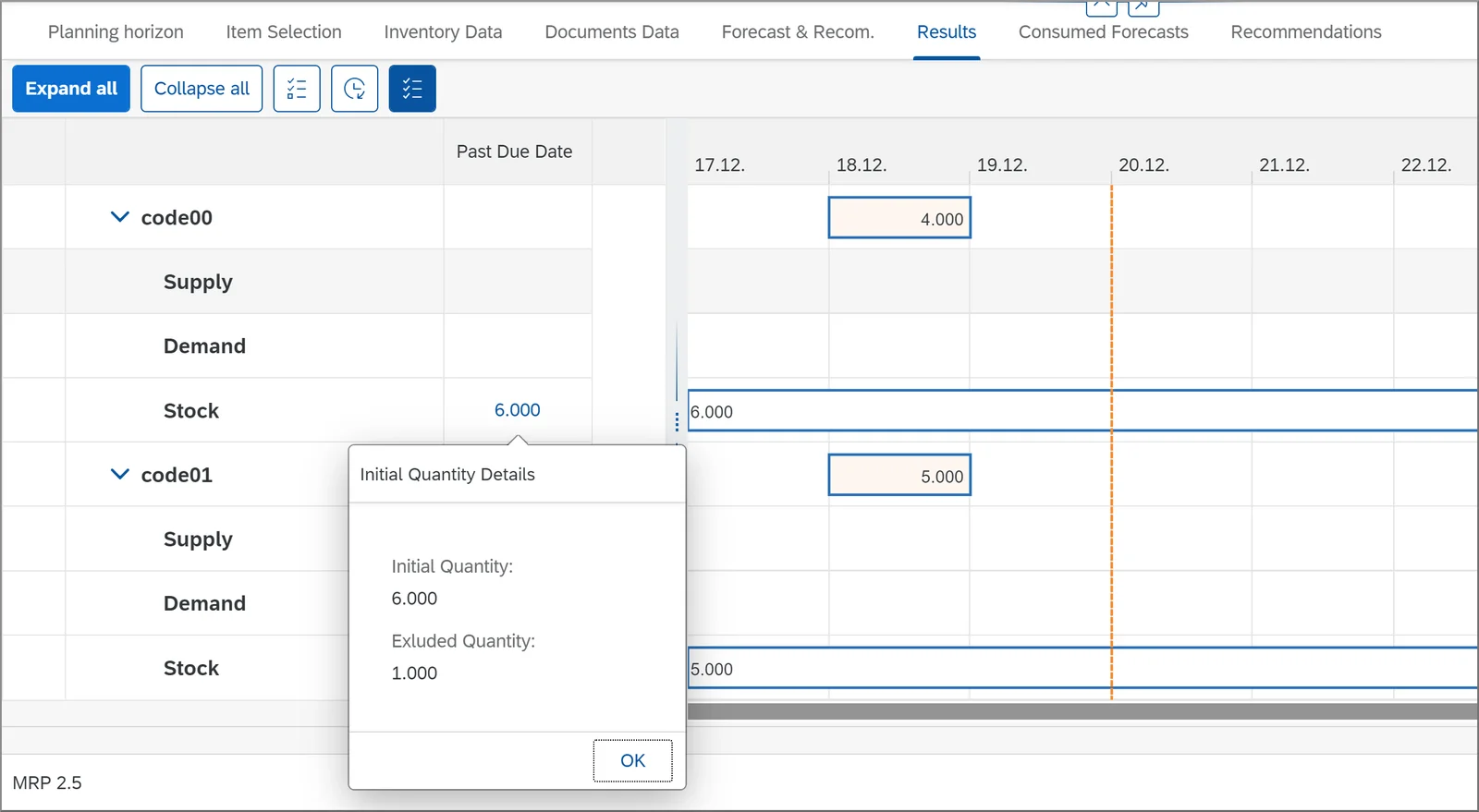MRP Wizard Results tab showing supply, demand, and stock per revision on a timeline