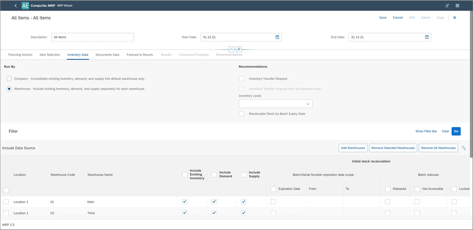 MRP Wizard Inventory Data tab with warehouse and batch expiry options for an MRP Scenario
