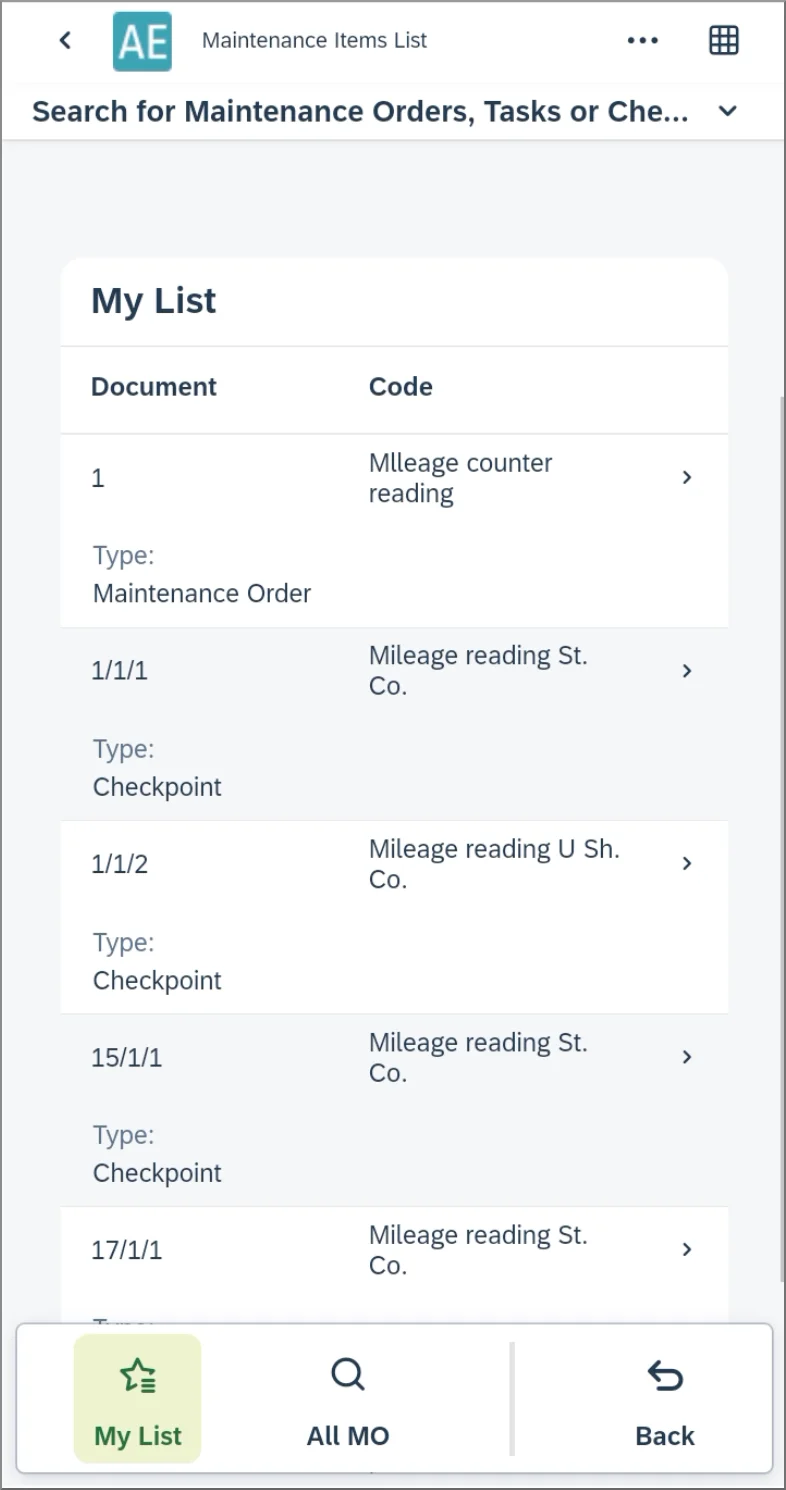My List with a Maintenance Order and several checkpoints for mileage readings