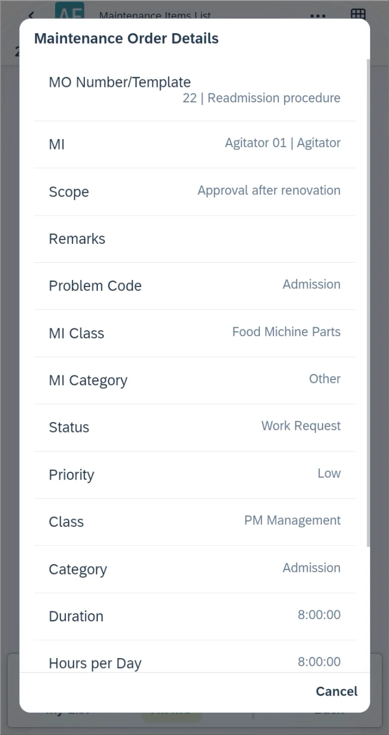 Maintenance Order Details with maintainable item, scope, problem code, status, priority, and duration
