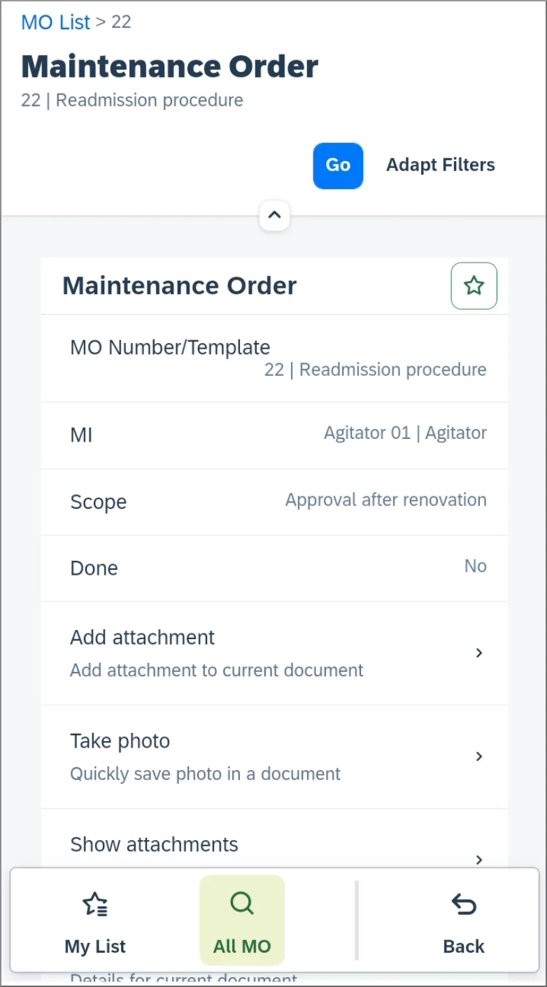 Maintenance Order screen in the mobile app with options to add an attachment, take a photo, and show attachments