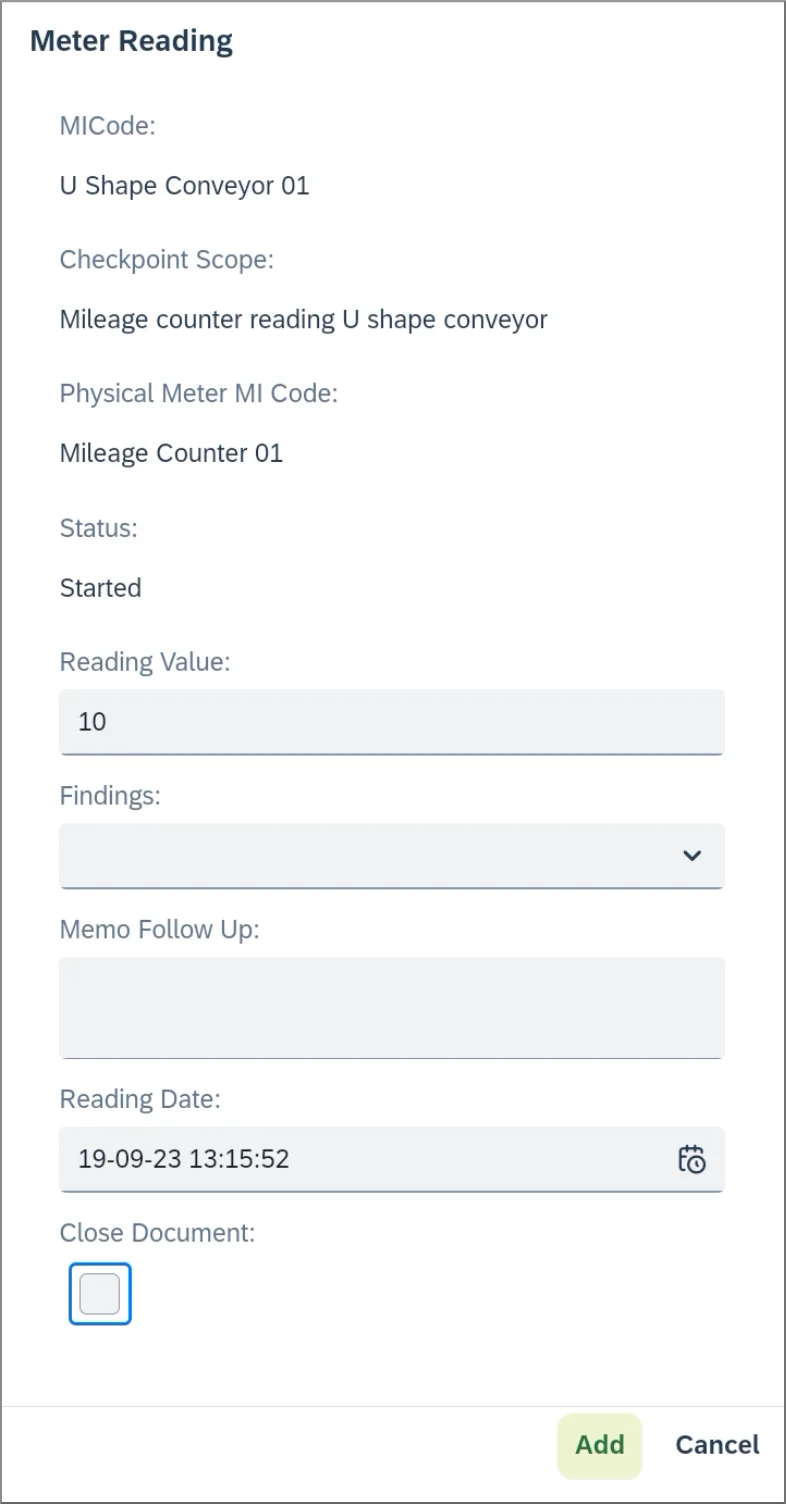 Meter Reading form with the reading value, findings, memo, reading date, and a Close Document option