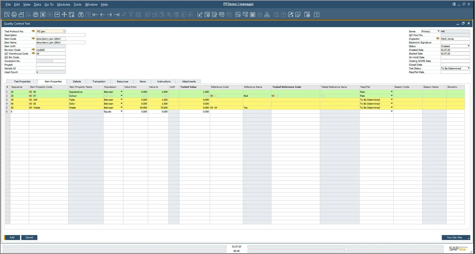 CompuTec ProcessForce Quality Control Test for strawberry jam with appearance, color, taste, and odor properties