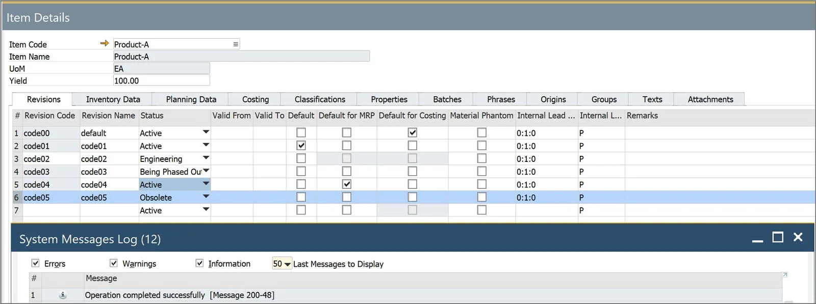 Item Details form with a Revision set to Obsolete and the message log confirming the operation completed successfully