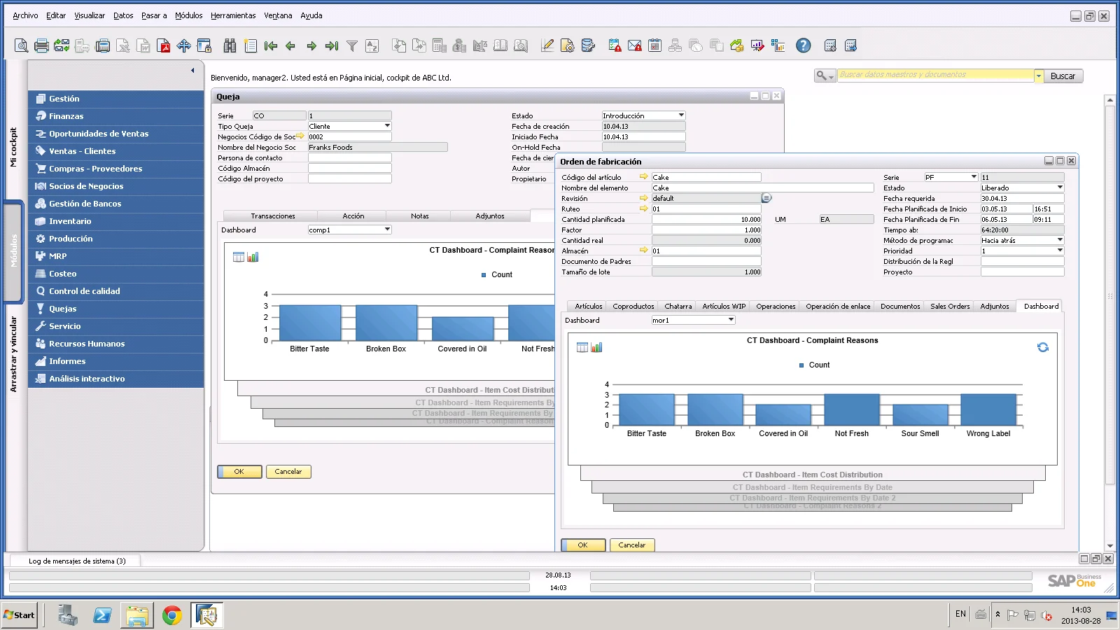 Spanish-language SAP Business One with a CompuTec ProcessForce Complaint and Manufacturing Order, each with an embedded dashboard