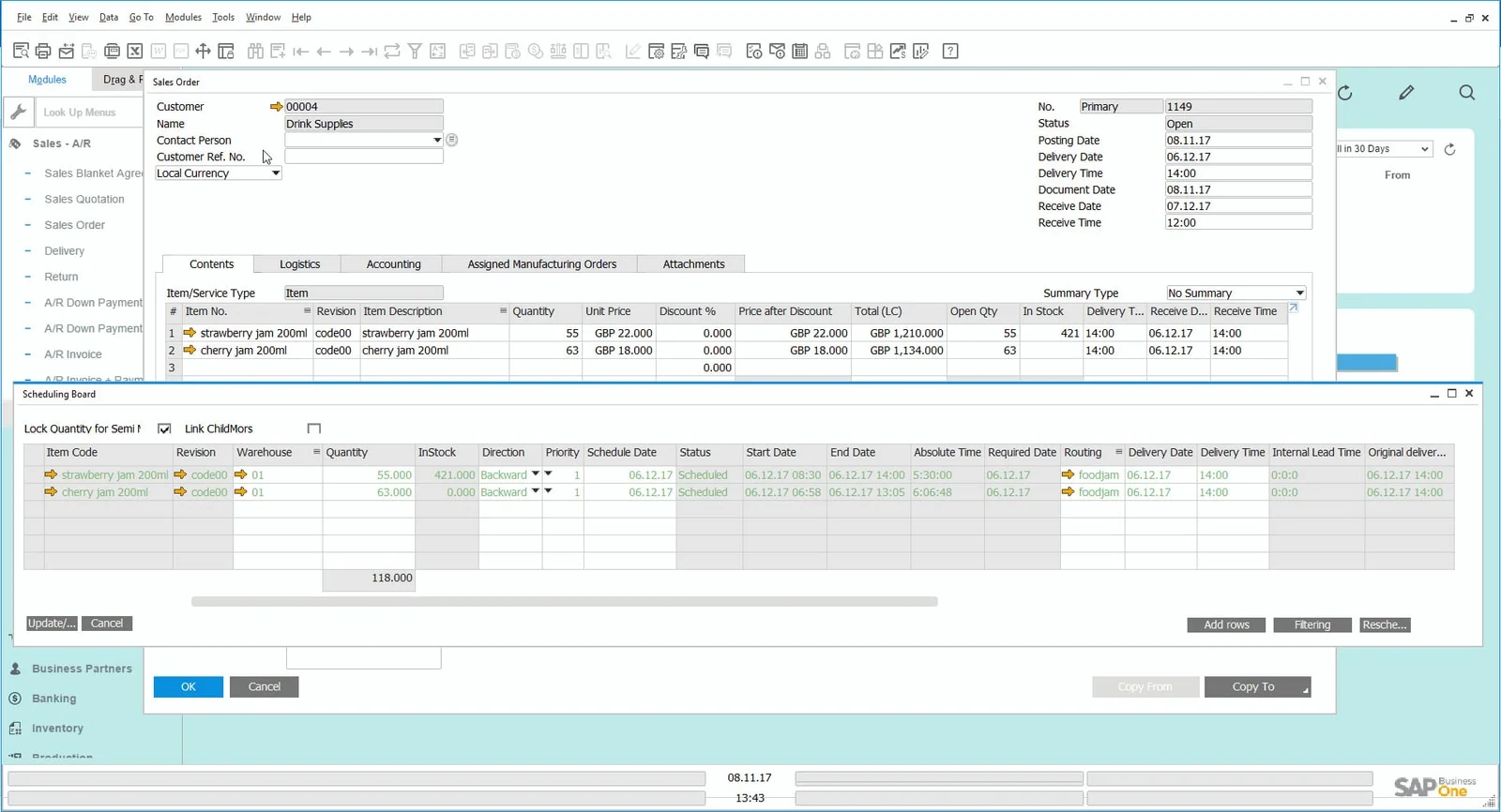 Scheduling Board opened from a Sales Order, showing each item’s schedule, start and end dates, and delivery date and time