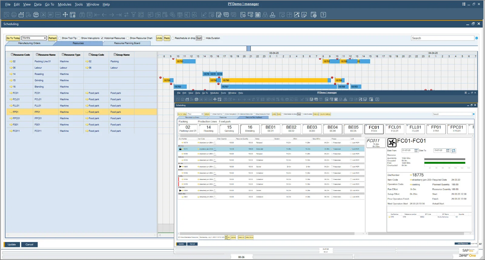 CompuTec ProcessForce Gantt Chart of resources with the Resource Planning Board open for a food production line