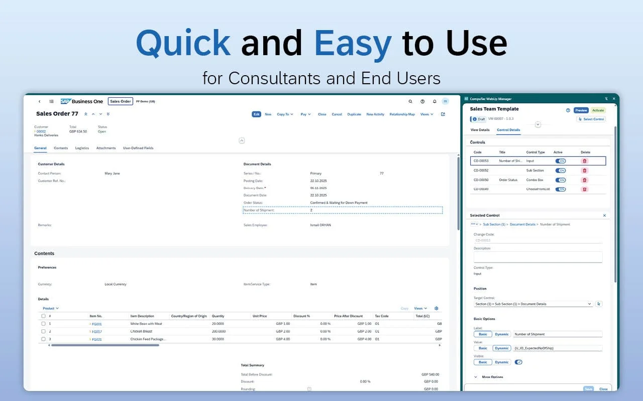 Sales Order in the SAP Business One Web Client beside the CompuTec WebUp Manager panel for editing a field’s properties