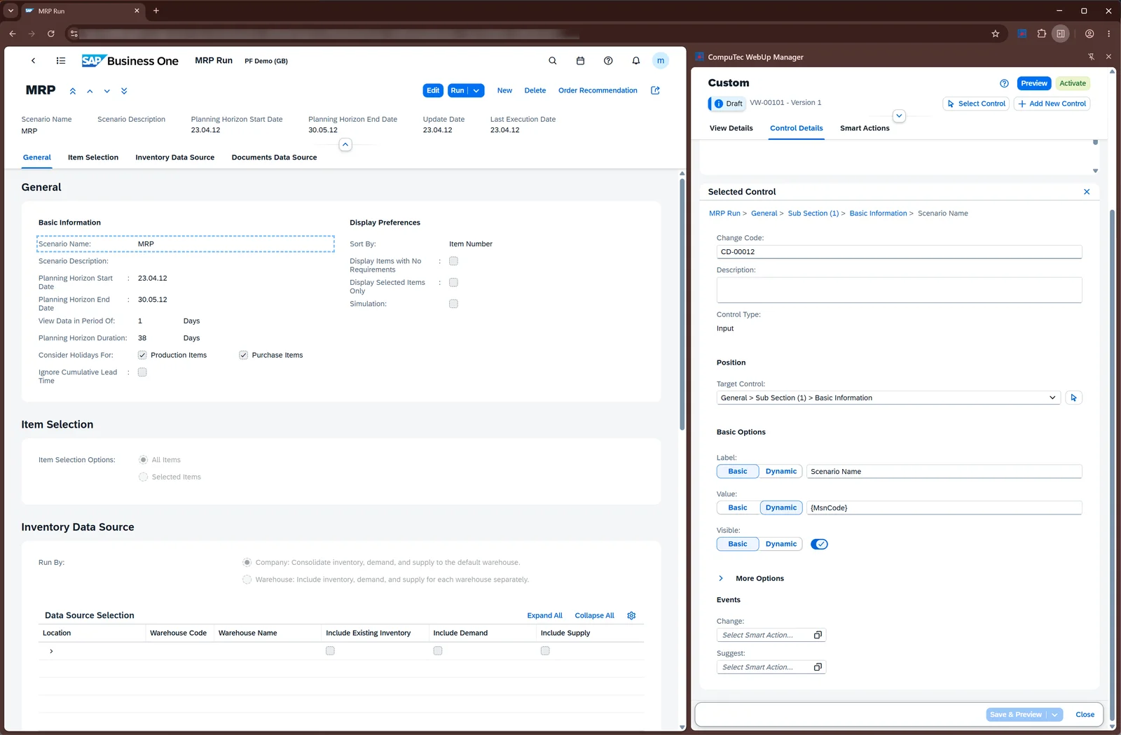 MRP Run view in the SAP Business One Web Client with the CompuTec WebUp Manager panel editing the Scenario Name field