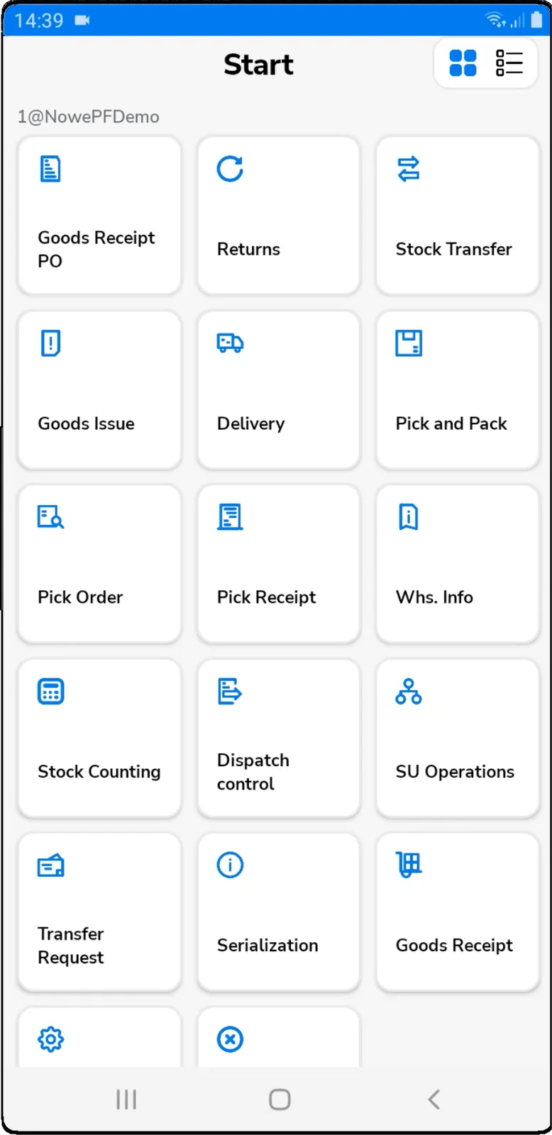 CompuTec WMS start menu on an Android device, showing the logged-in user and company database