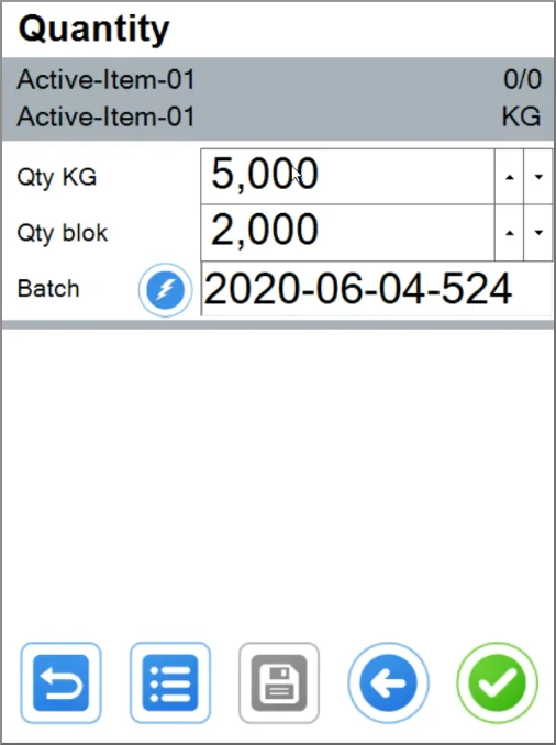 CompuTec WMS Quantity screen recording an item in kilograms and in blocks with its batch number
