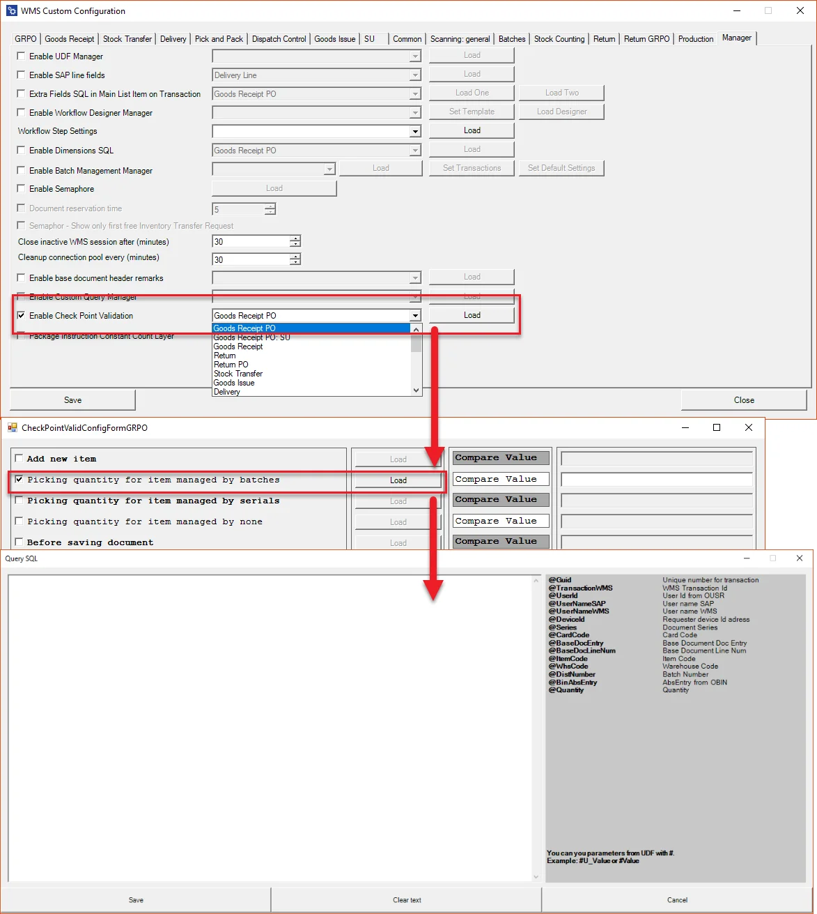 Enabling Check Point Validation for Goods Receipt PO and defining its SQL query in the CompuTec WMS custom configuration