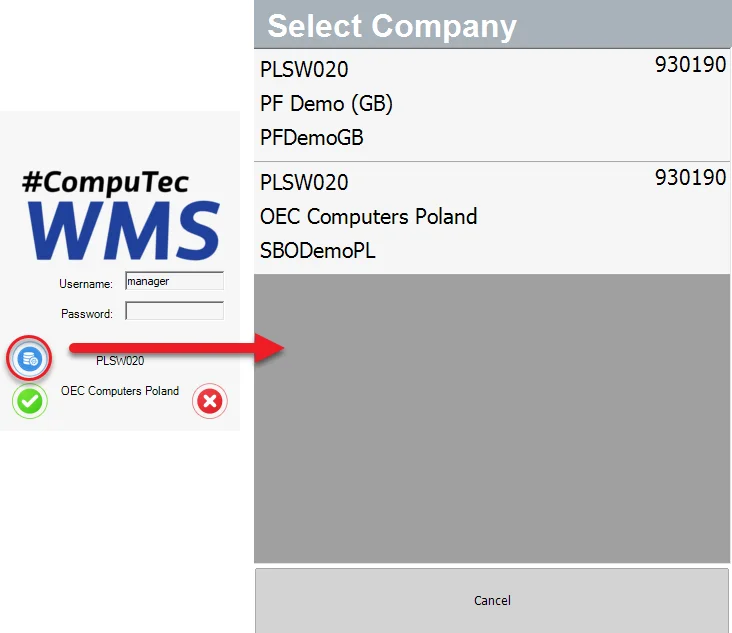 CompuTec WMS login screen and the Select Company list showing two company databases on one server
