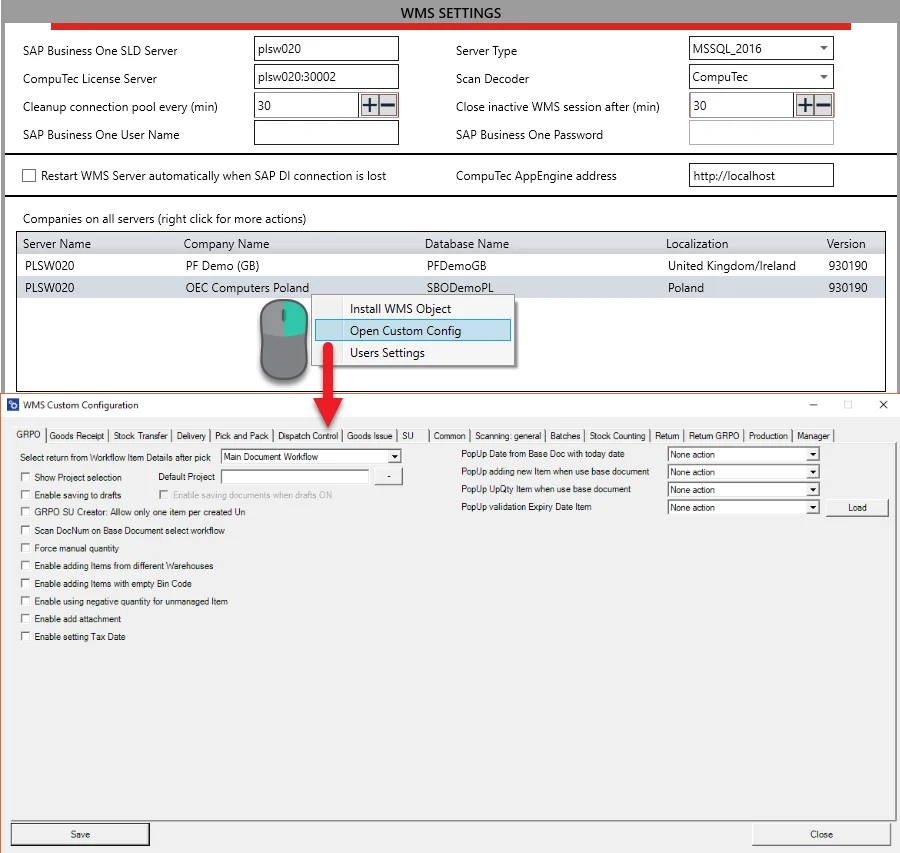 Opening the CompuTec WMS custom configuration for one company database from the CompuTec WMS settings