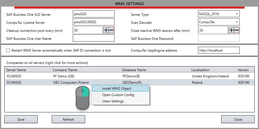 CompuTec WMS settings with the right-click option to install database objects for a company database