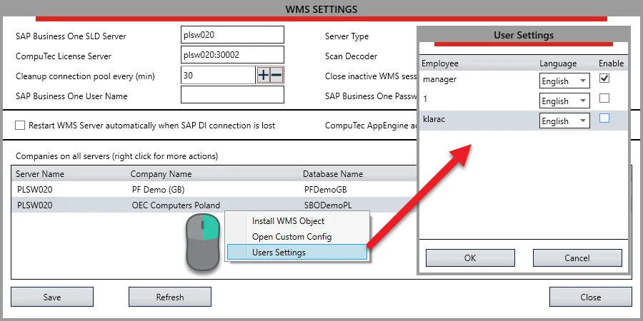 CompuTec WMS settings with the Users Settings window, where users are enabled per company database