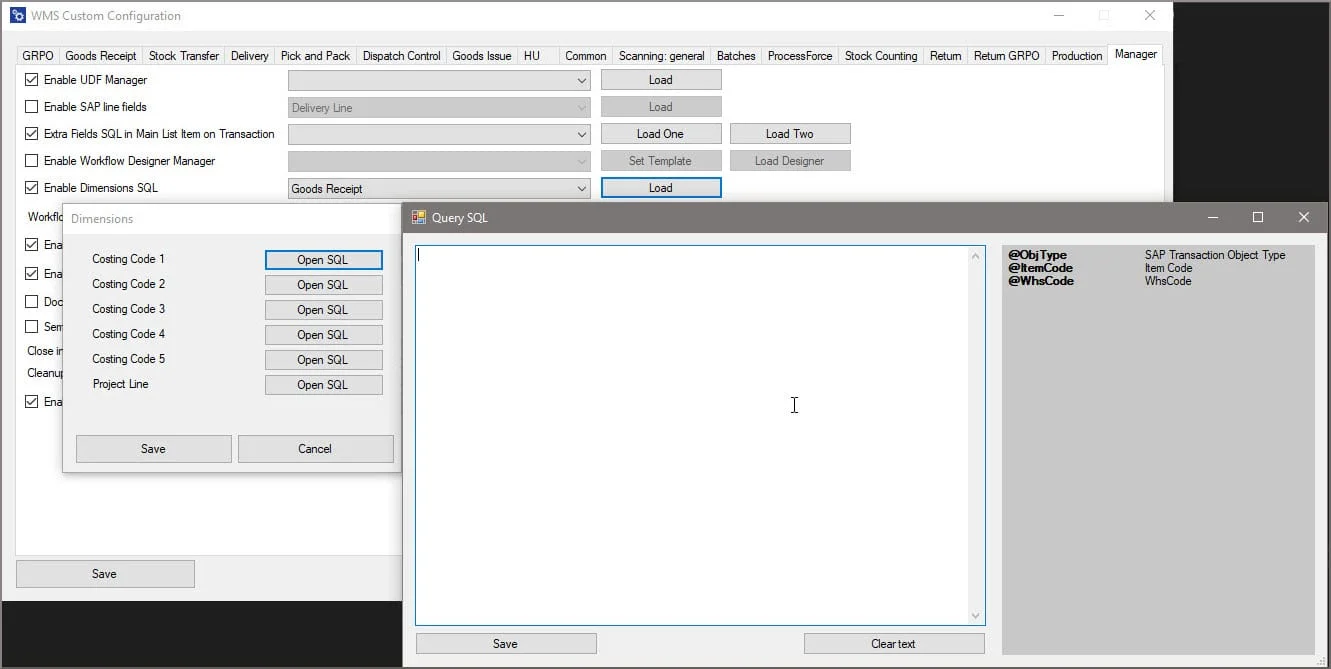 CompuTec WMS Dimensions window with costing code SQL buttons next to the Query SQL editor and its available parameters