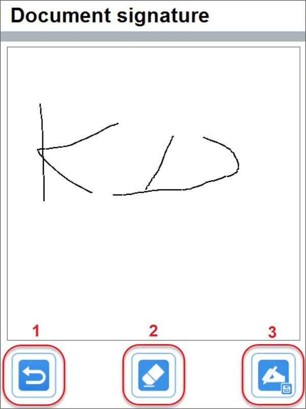 CompuTec WMS Document signature screen with a handwritten signature and three numbered buttons