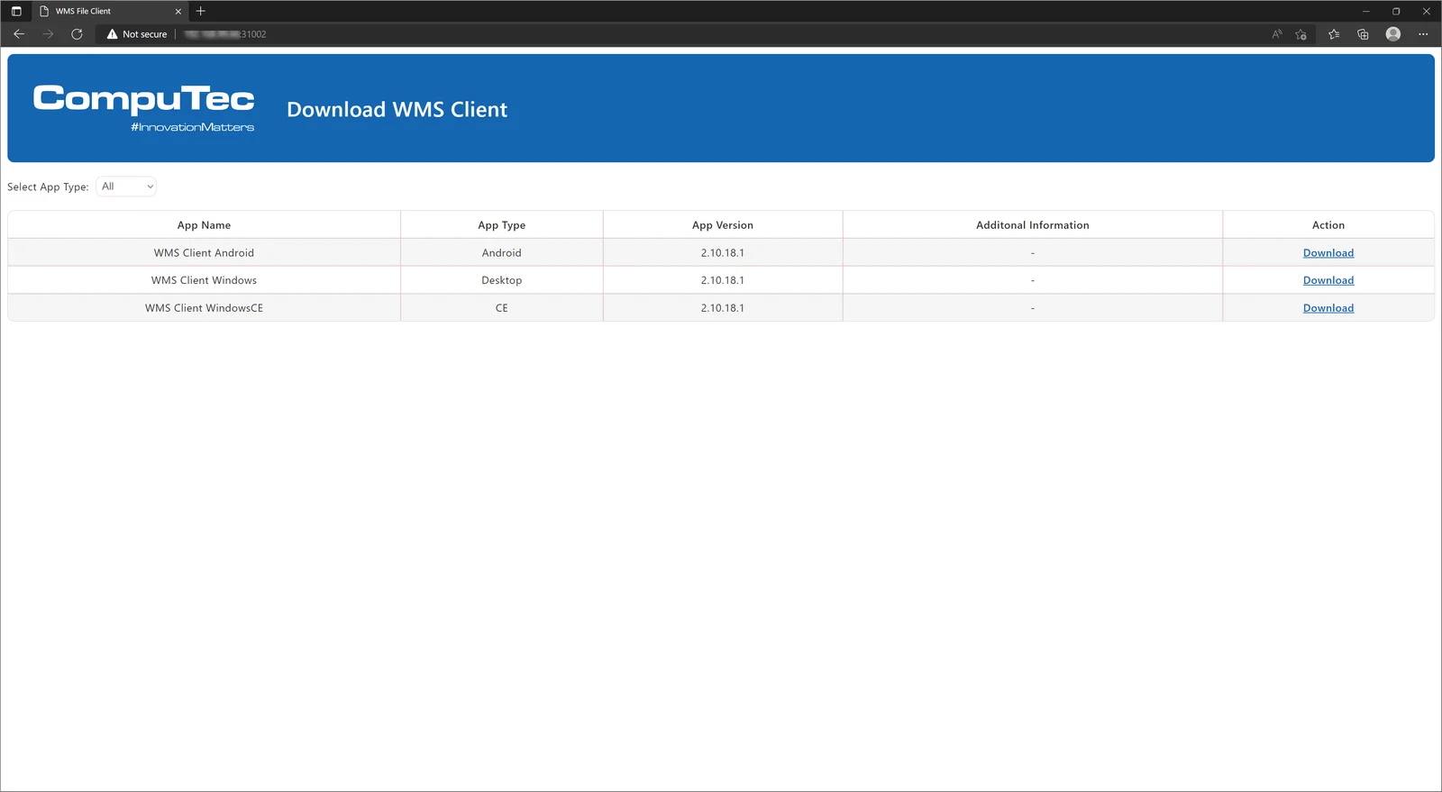 CompuTec WMS download page in a browser listing the Android, Windows, and Windows CE clients, version 2.10.18.1