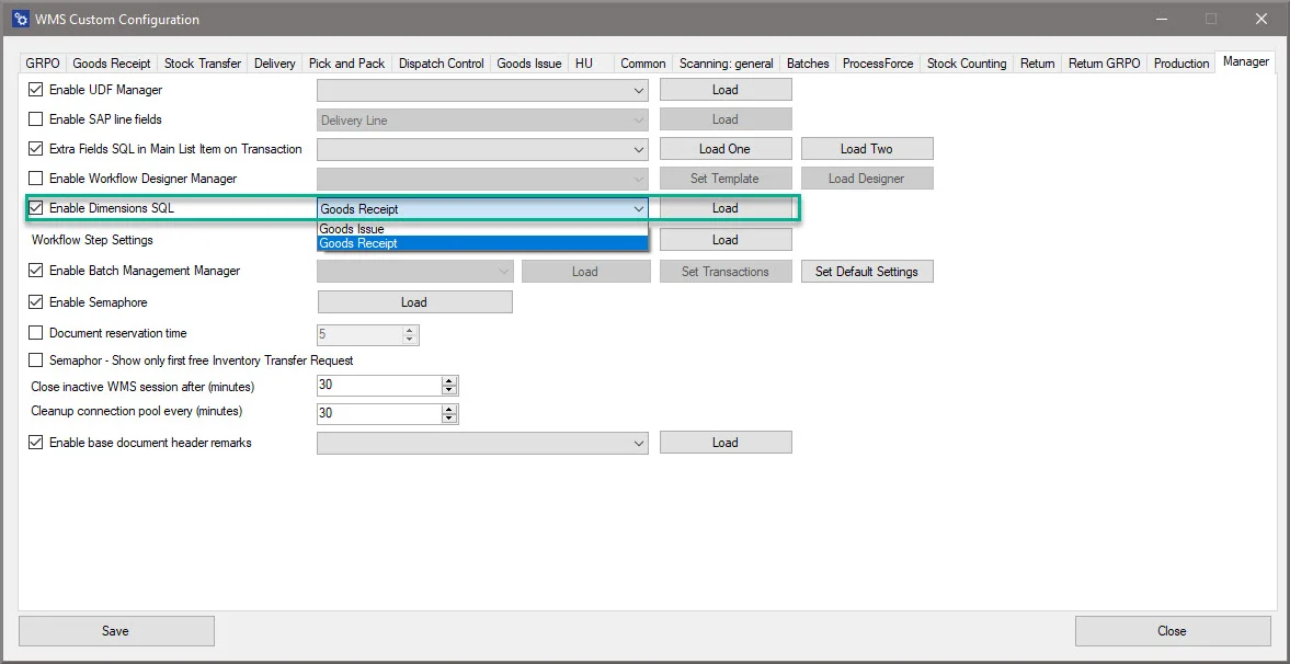 CompuTec WMS custom configuration with Enable Dimensions SQL checked and Goods Issue available in the transaction list