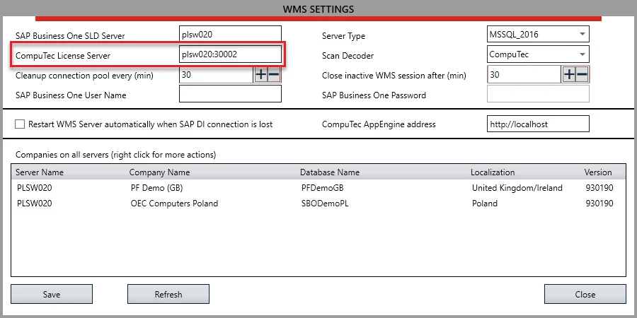 CompuTec WMS settings with the CompuTec License Server address highlighted