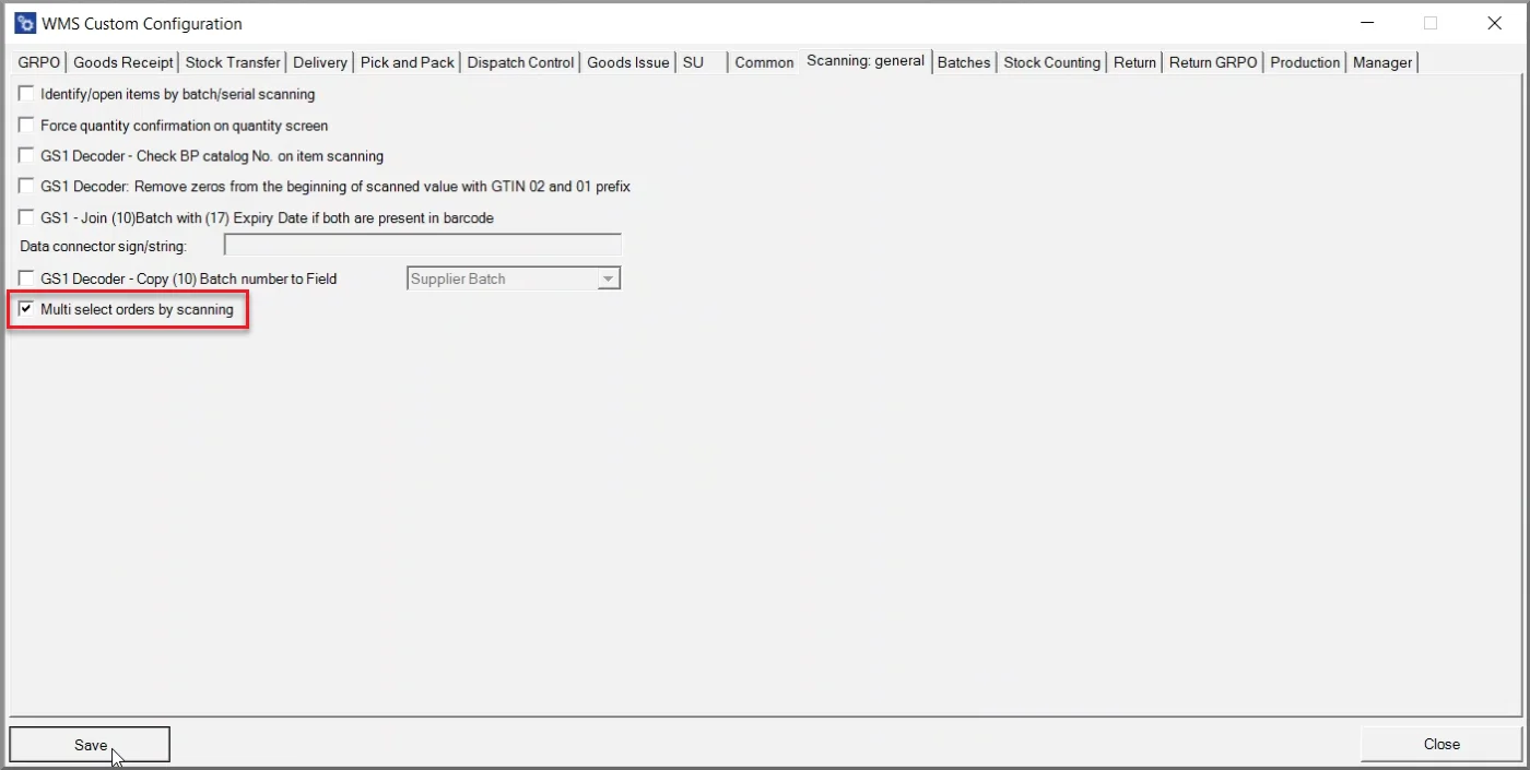CompuTec WMS Custom Configuration, Scanning: General tab, with the Multi select orders by scanning option checked