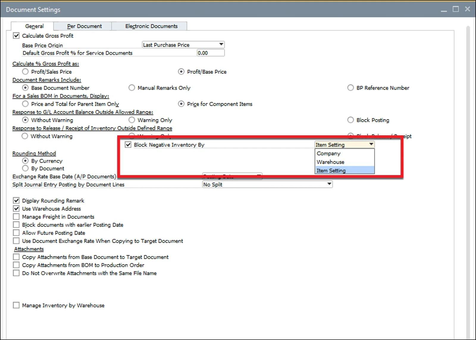 SAP Business One Document Settings with the Block Negative Inventory By option highlighted