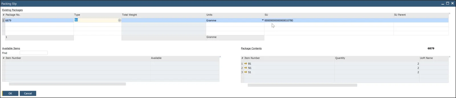 SAP Business One Packing Slip with a package linked to a Storage Unit and its contents