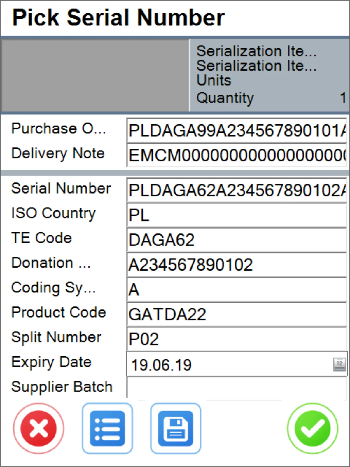 CompuTec WMS Pick Serial Number screen showing the attributes decoded from a scanned serial number