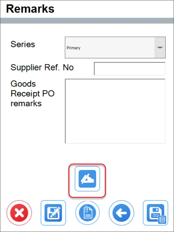 CompuTec WMS Remarks screen for a Goods Receipt PO with the Add Signature icon highlighted