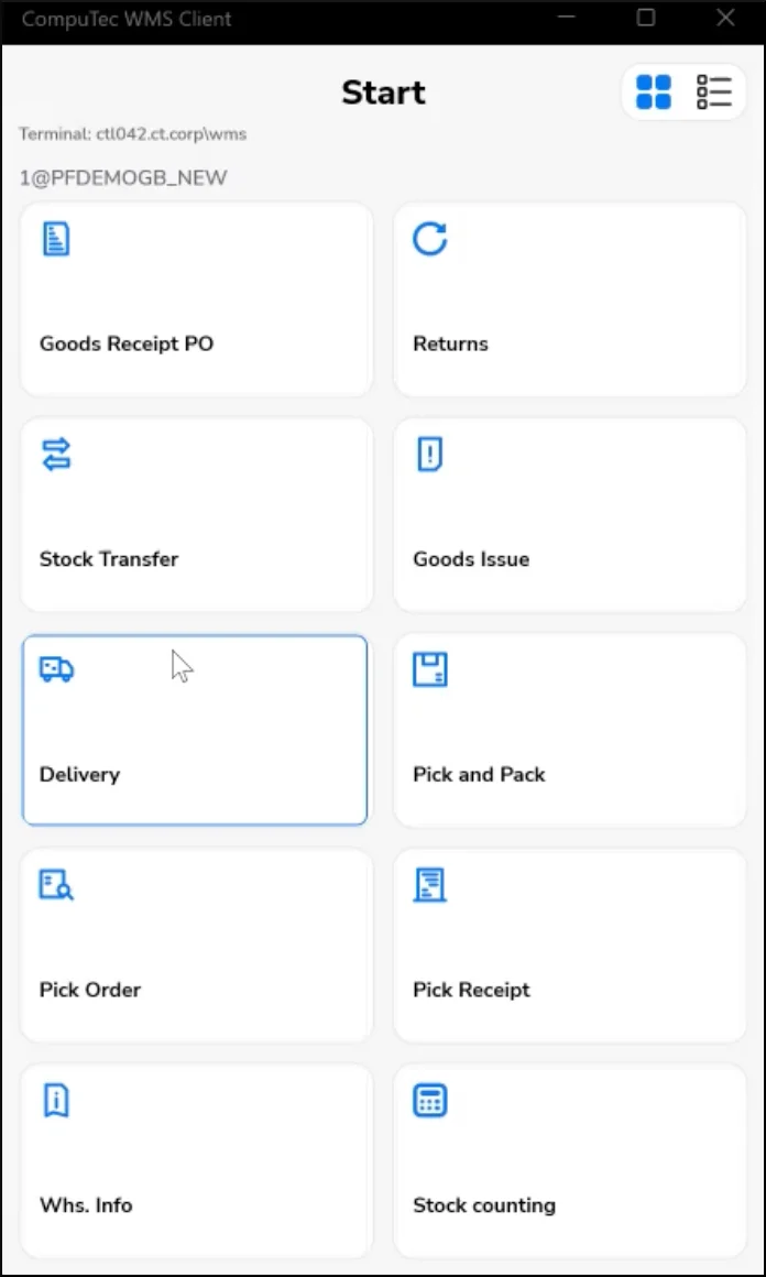 CompuTec WMS Client start menu with the Delivery transaction selected