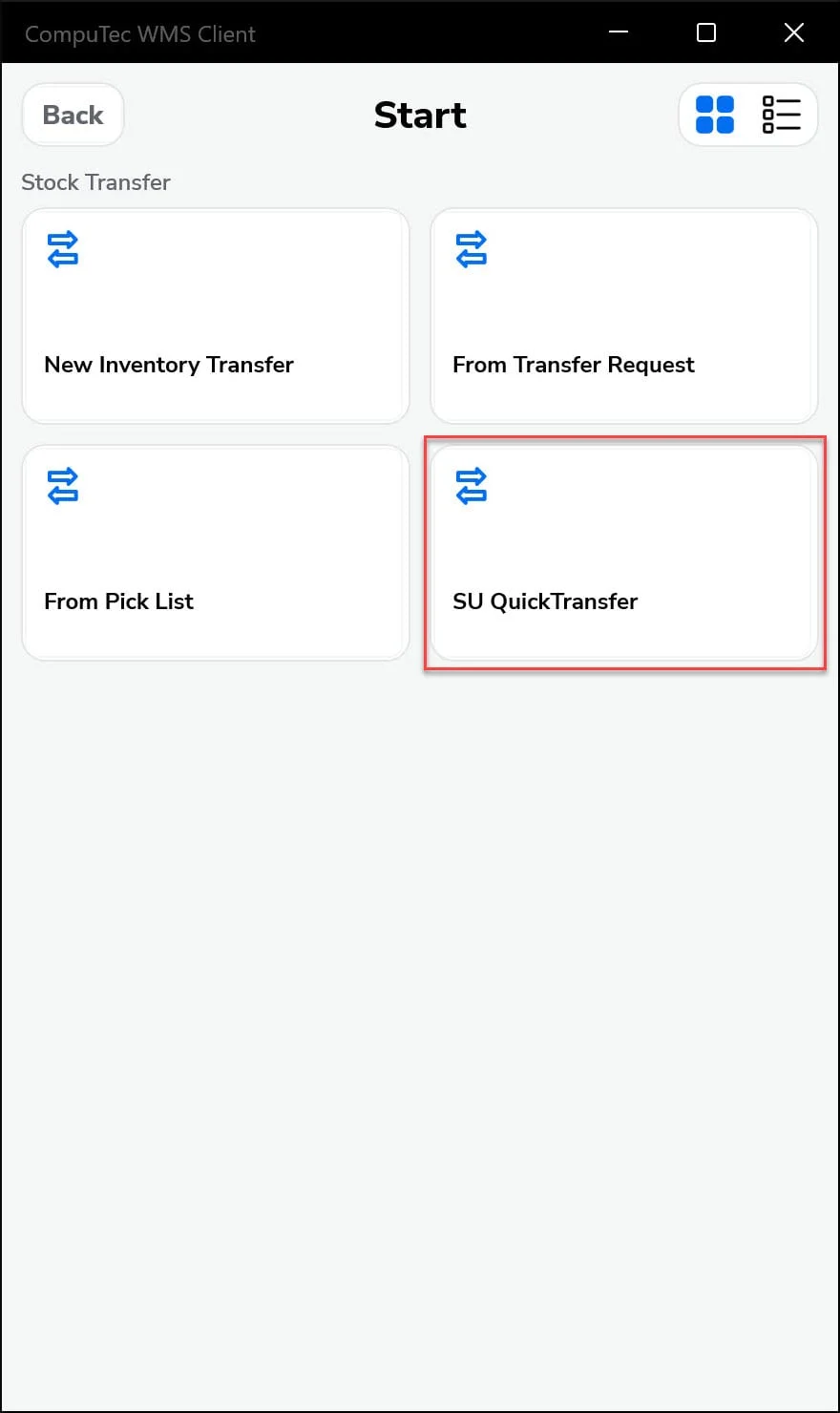 Stock Transfer menu in the CompuTec WMS Client with the SU QuickTransfer transaction highlighted