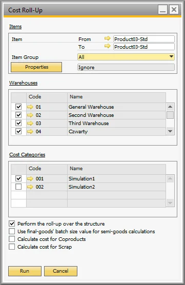 Cost Roll-Up form with item, warehouse, and Cost Category selection and the batch size, co-product, and scrap checkboxes