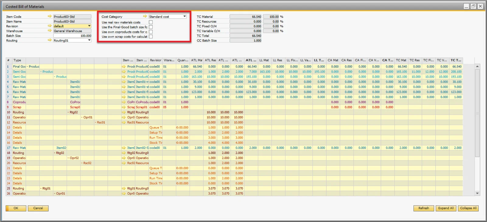 Costed Bill of Materials report with the cost category field and the four new checkboxes highlighted in the header