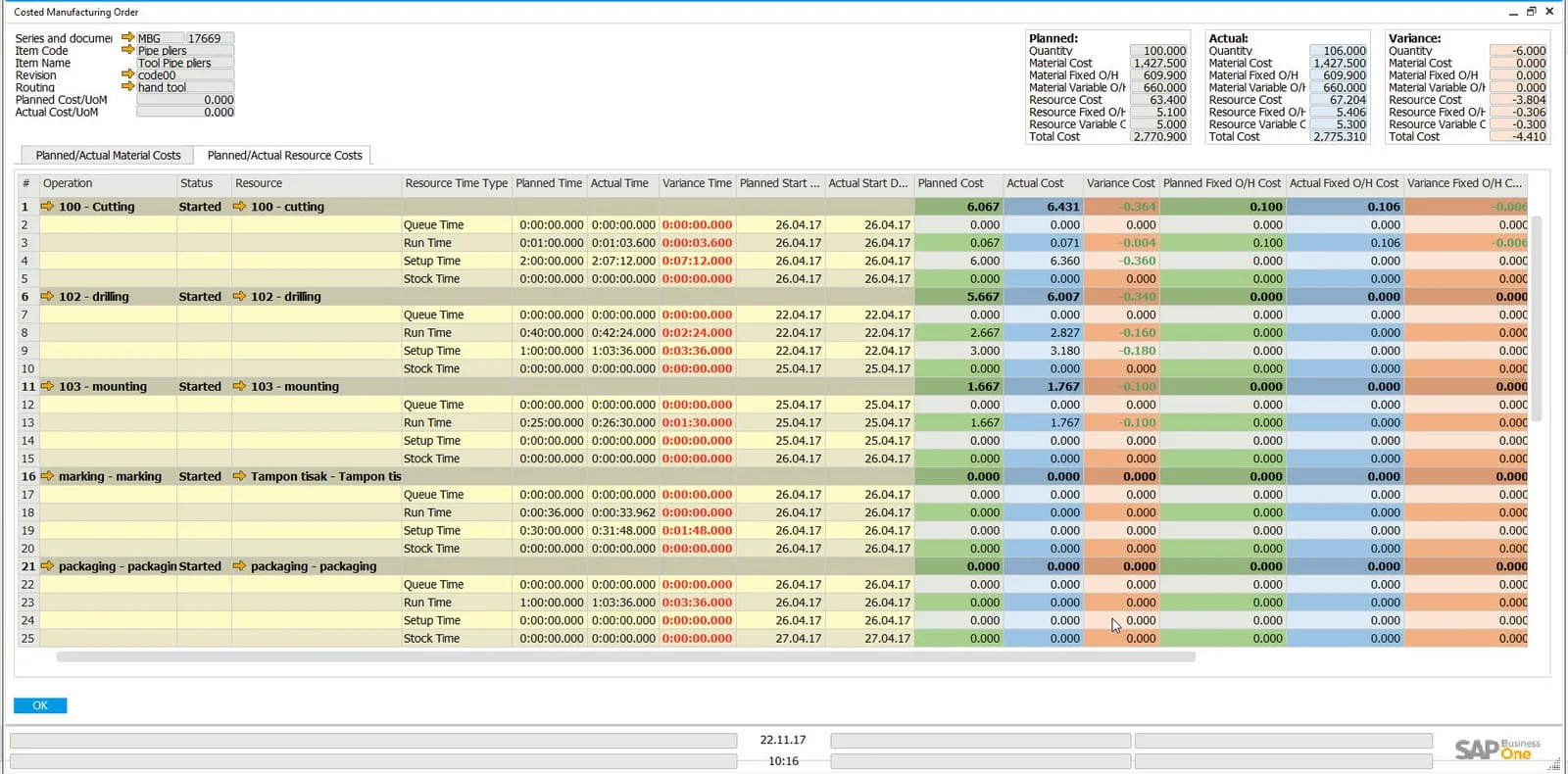 Costed Manufacturing Order comparing planned and actual resource times and costs per operation, with variances