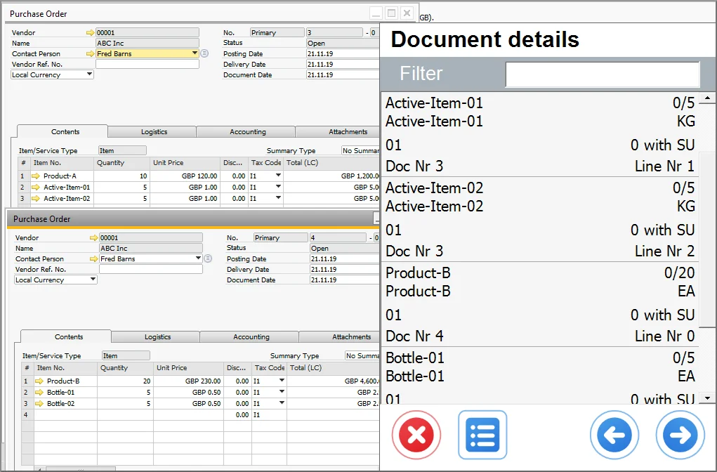 Purchase Orders in SAP Business One and the CompuTec WMS Document details list showing the document and line numbers on each item