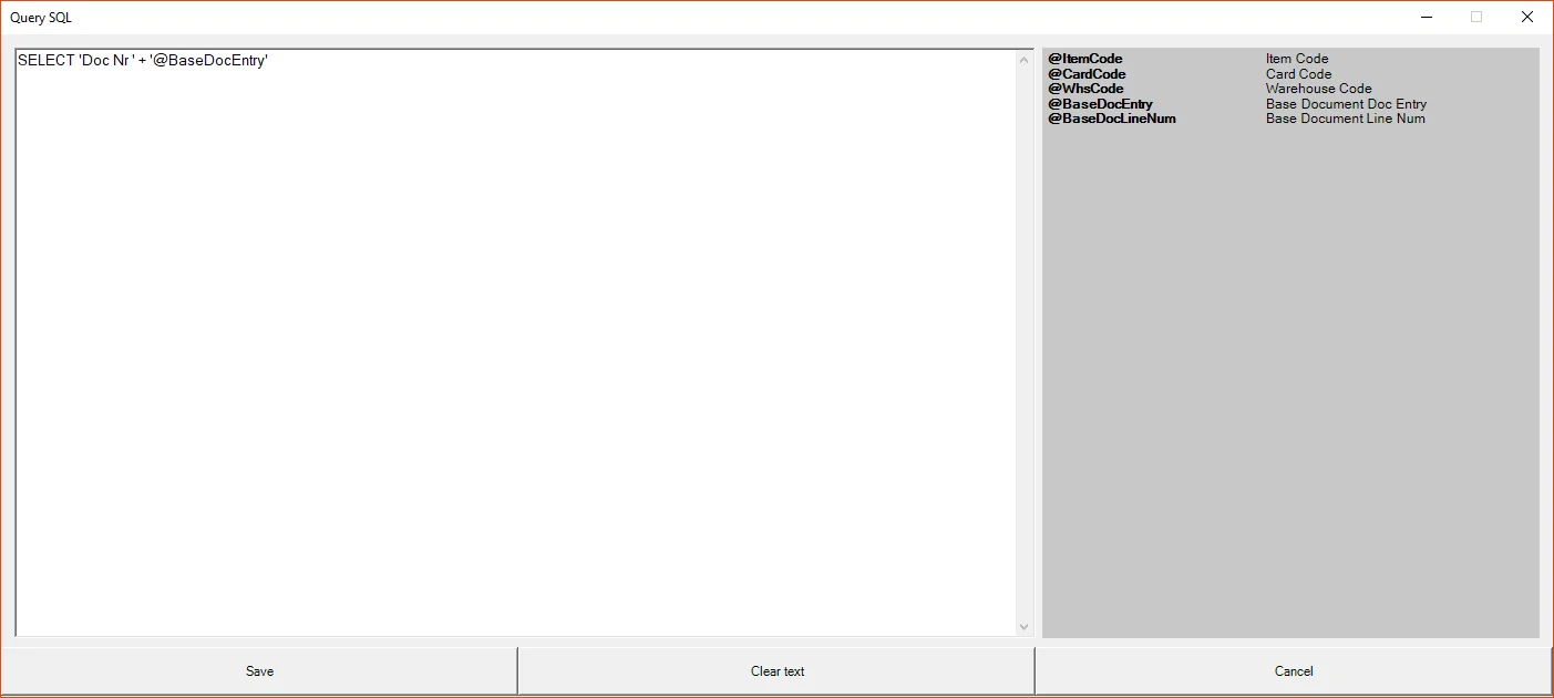 Query SQL window with a query that returns the base document number
