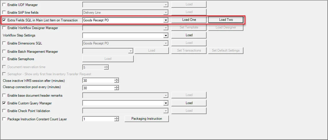 CompuTec WMS custom configuration with Extra Fields SQL in Main List Item on Transaction enabled for Goods Receipt PO