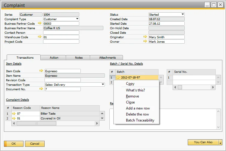 CompuTec ProcessForce customer Complaint with reason codes and the Batch Traceability option for the affected batch
