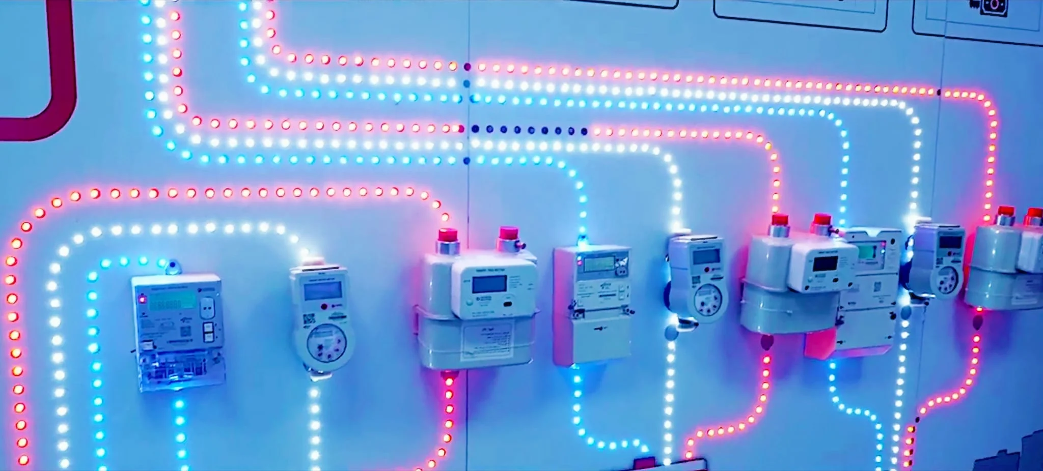 A wall of connected electricity, water, and gas meters at El Sewedy Electrometer