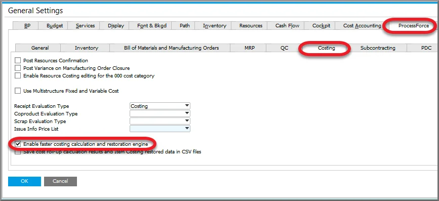 General Settings Costing tab with the “Enable faster costing calculation and restoration engine” option checked