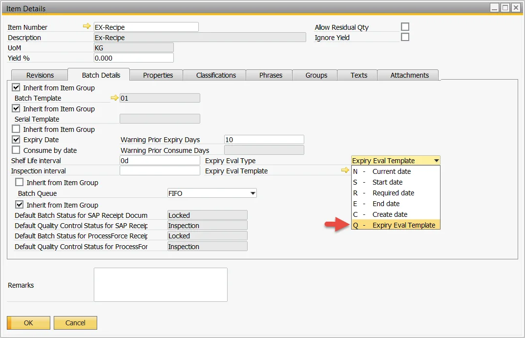 Item Details Batch Details tab with the Expiry Eval Type options: current, start, required, end, and create date, or Expiry Eval Template