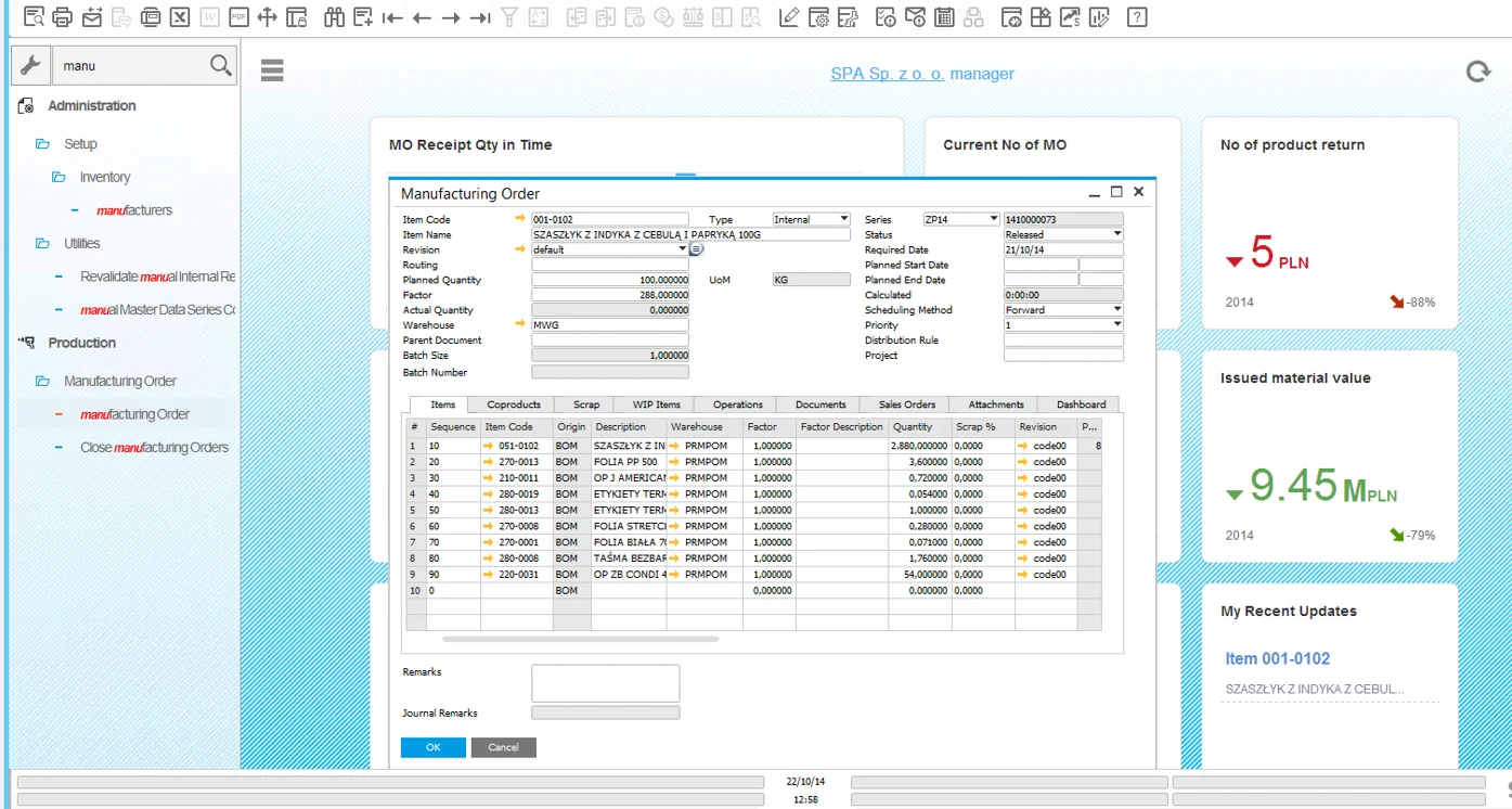 SAP Fiori-style cockpit with KPI tiles, the menu finder, and a CompuTec ProcessForce Manufacturing Order