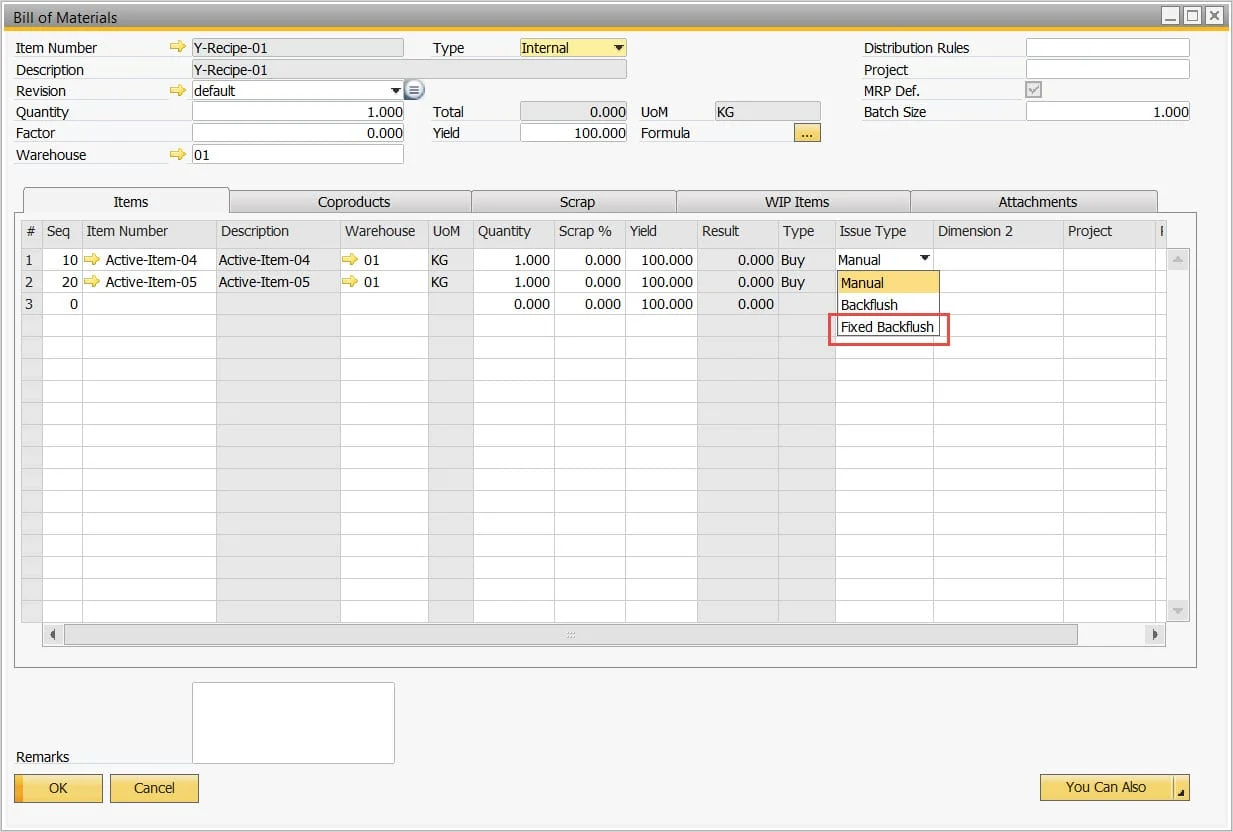 Bill of Materials with the Fixed Backflush option in the Issue Type list