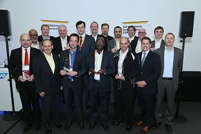 Group photo of the SAP EMEA-MEE Partner Excellence Award 2014 winners at FKOM 2014 in Barcelona