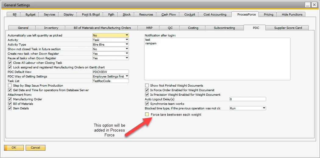 CompuTec ProcessForce General Settings with the new Force tare between each weight checkbox highlighted
