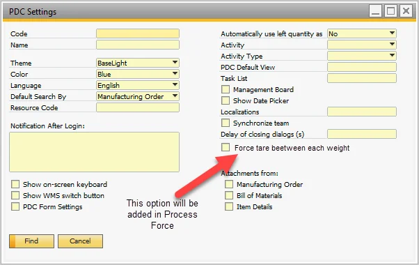 CompuTec PDC settings form with the new Force tare between each weight checkbox highlighted